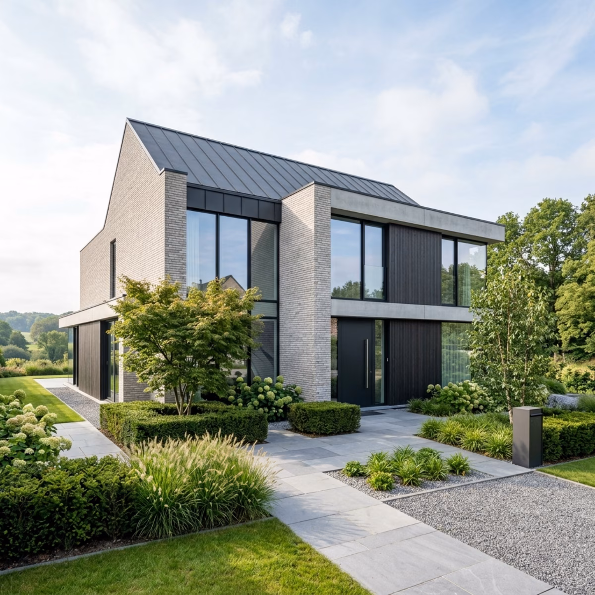 Maison belge contemporaine en briques avec jardin paysager moderne