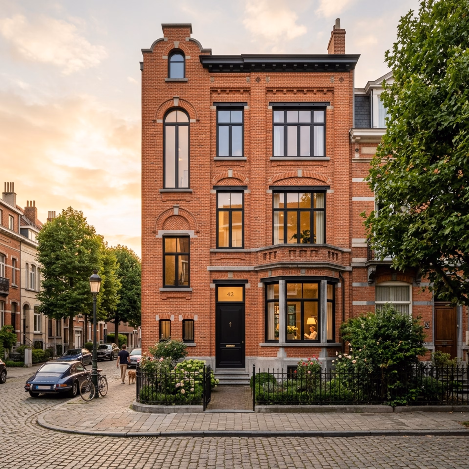 Maison belge en briques rouges entièrement rénovée à Bruxelles, lumière dorée de fin de journée