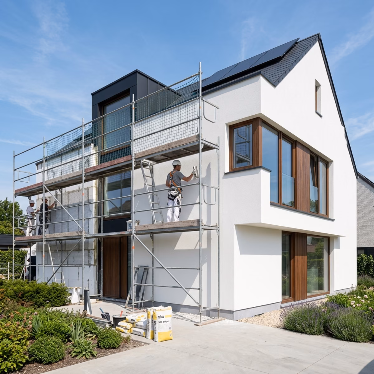 Ouvriers appliquant un enduit d'isolation sur une façade de maison avec échafaudage